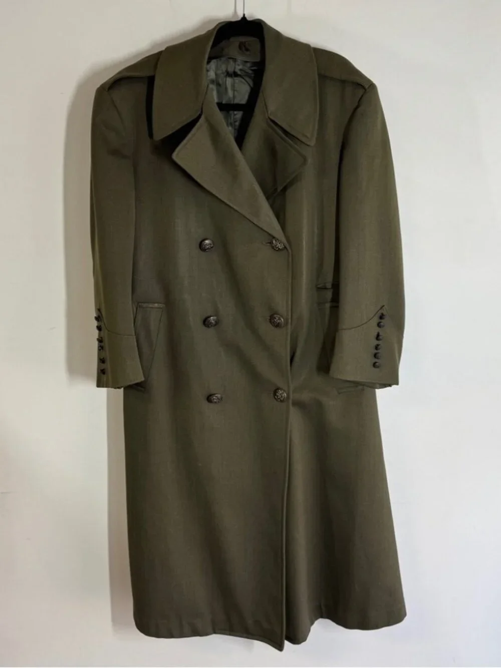 Vintage Mens 60s 70s Military Trench Olive Green Long Coat Double Breasted Wool